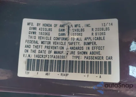 2015 Honda Accord Lx z USA, uszkodzony, nr VIN 1HGCR2F37FA080997